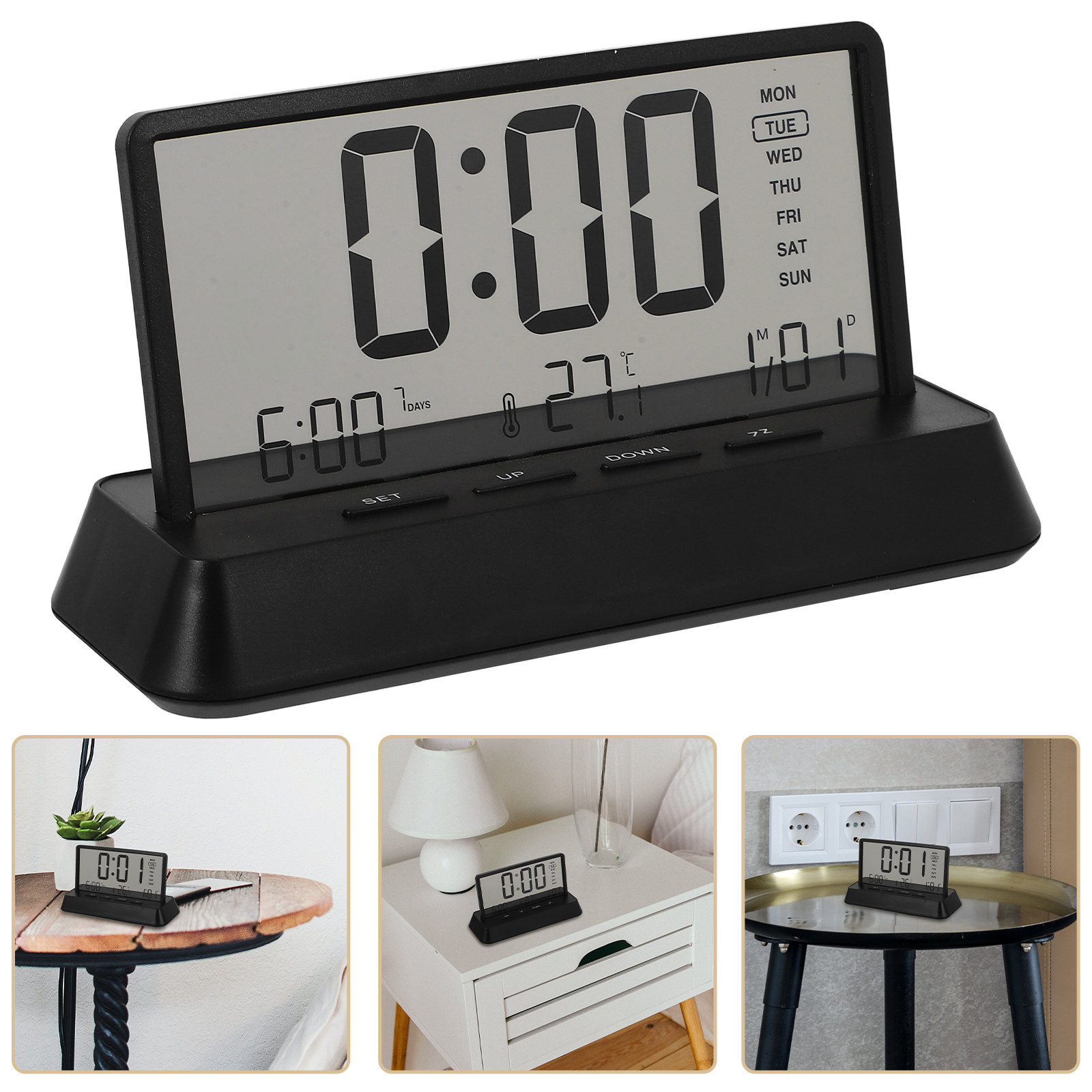 Desk Setup Bedroom - Cyfrowy budzik mały, kompaktowy, plastikowy, zegar